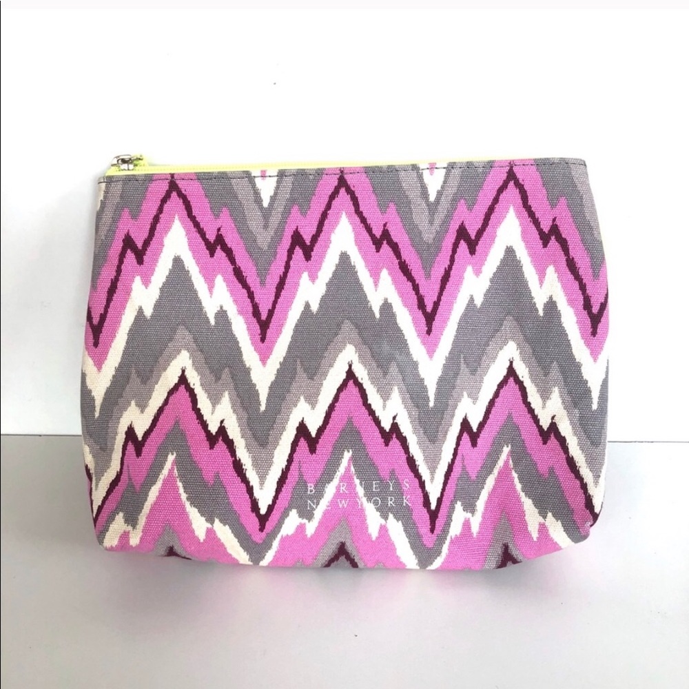 Barneys New York Vibrant Pink and Gray Chevron Cosmetic Bag